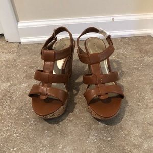 Brown Cognac Faux Leather Wedge Sandals